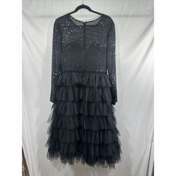 NWT‎ IEENA Mac Duggal [ 8 ] 26299 Long Sleeve Ruffle Tiered Midi Dress BLACK - Picture 7 of 10